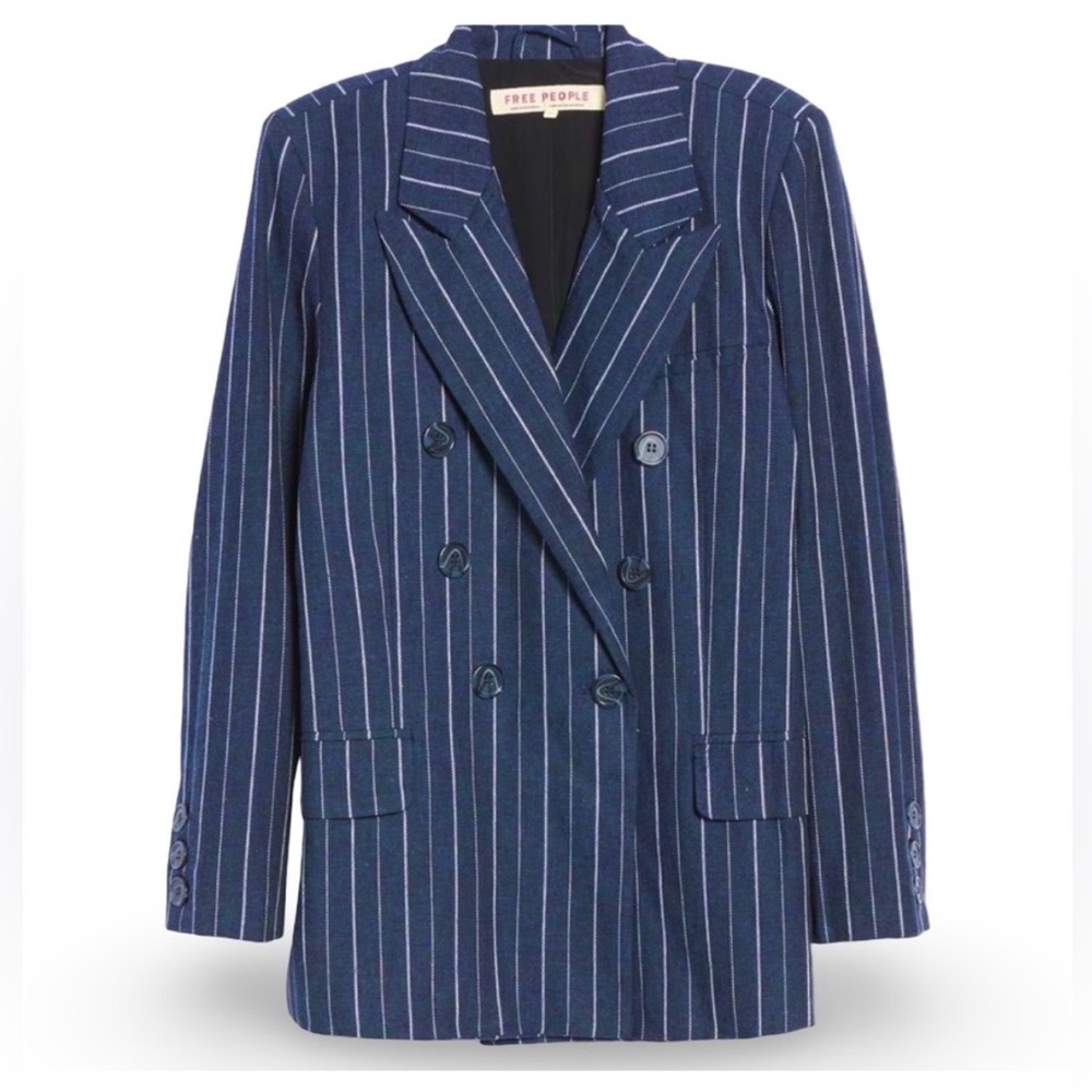 NEW! Free People Ashby Blazer Linen Navy Double-Breasted Pinstripe Size Large. - Picture 2 of 9
